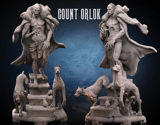Count Orlok-inspired vampire lord miniature, posed atop a crumbling stairway with clawed fingers extended, flanked by two ghastly hounds and rats.