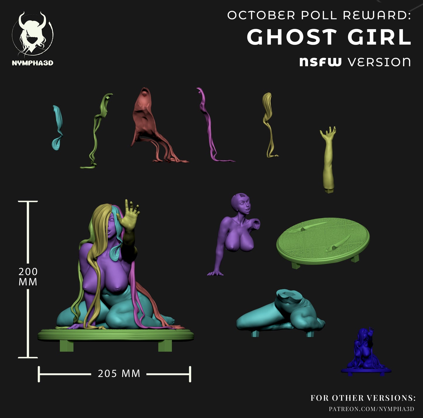 Ghost Girl assembly render showing modular parts, base, and hair components for NSFW edition.