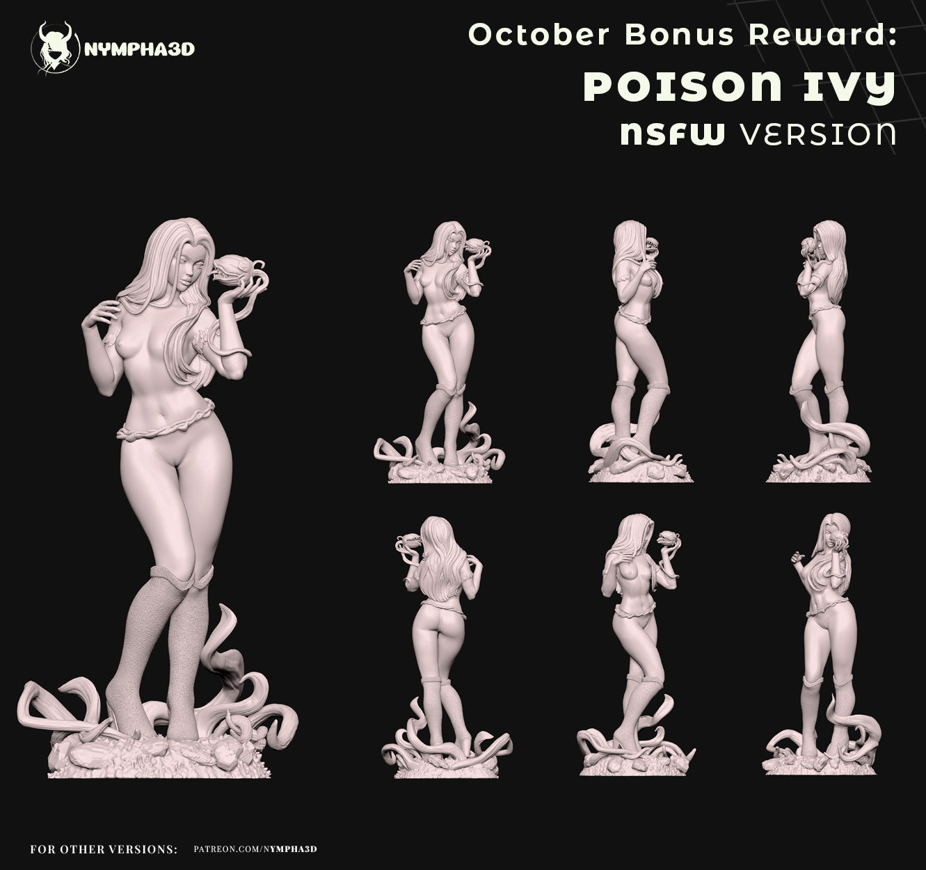 Poison Ivy 1:6 scale statue shown from multiple angles emphasizing the figure’s curves, vine base, and intricate hair sculpt for premium DC collectible display.