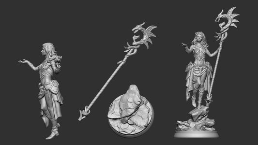 Collage of Nala Dragon Lordess miniature and bust versions, dragon-staff sorceress figure for fantasy TTRPGs.