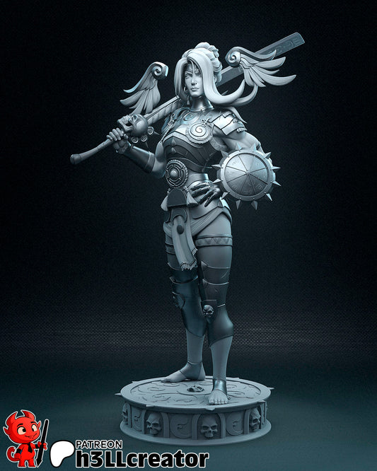 Unpainted version of Nemesis full figure from Hades, posed with hand on hip, large sword over shoulder, detailed armor, and spiked shield, standing barefoot on a detailed round base.