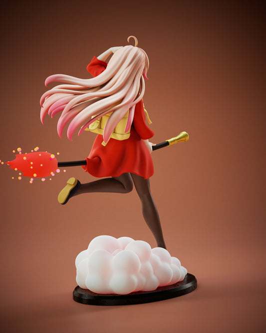 Full figure of Nico Wakatsuki flying on a magical rocket broom, red dress flowing and hair trailing behind, standing over a cloud base.