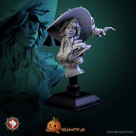 Nitsa Riot bust – modern witch collectible bust from White Werewolf Tavern featuring hat, smirk, and jacket details