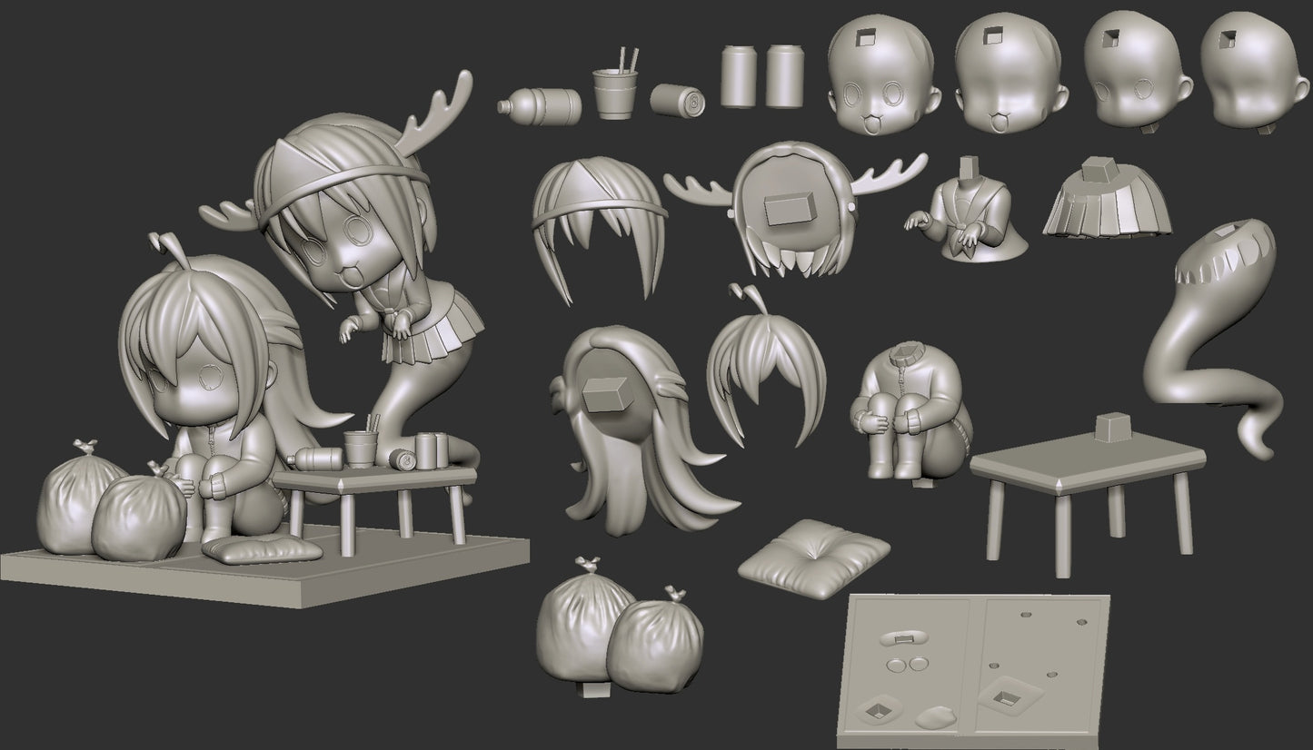 STL part breakdown of Nokotan ghost diorama showing faces, limbs, hair, ghost tail, table, trash bags, and base platform