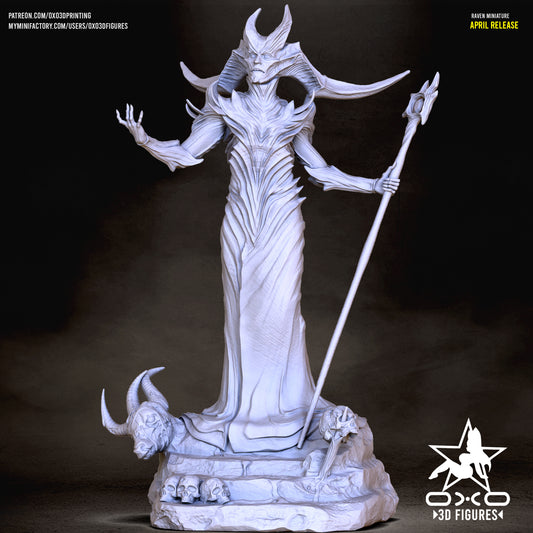 Front view of Asmodeus collectible figure from Forgotten Realms, standing atop a rocky base with skulls, wearing ornate demonic armor and holding a staff.