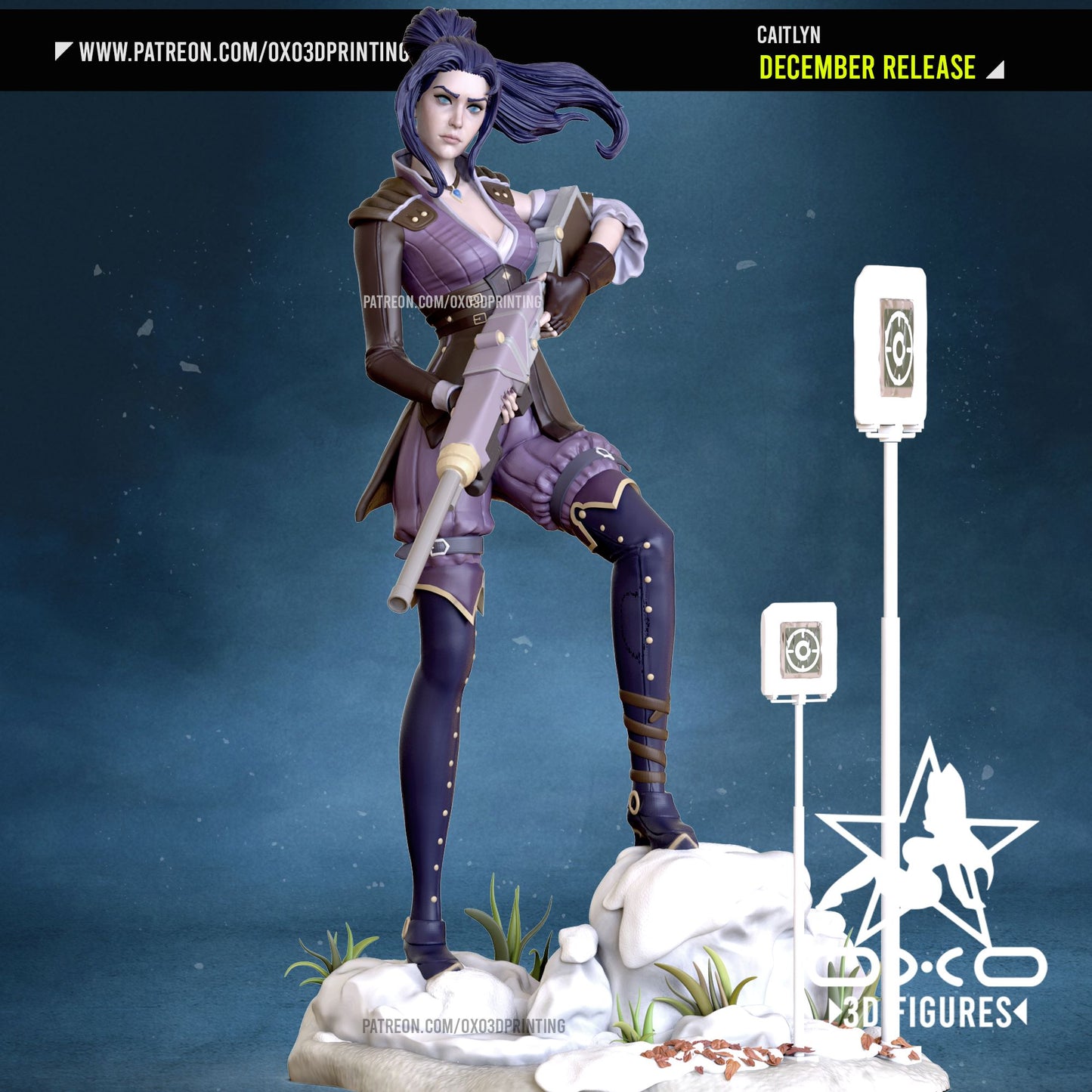 Full-body view of Caitlyn in a dynamic stance with her sniper rifle, standing on a snow-themed base with realistic terrain and target props.