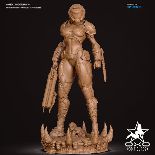 Unpainted Doom Slayer Girl with helmet, holding a double-barreled shotgun and a blade, posed on detailed skull base
