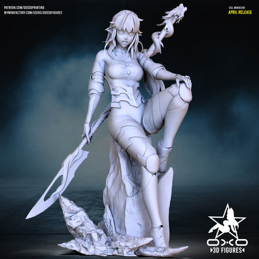 Esil Radiru with anime-style head, fully armored SFW variant, smiling and holding spear and dragon staff while posed on rock.