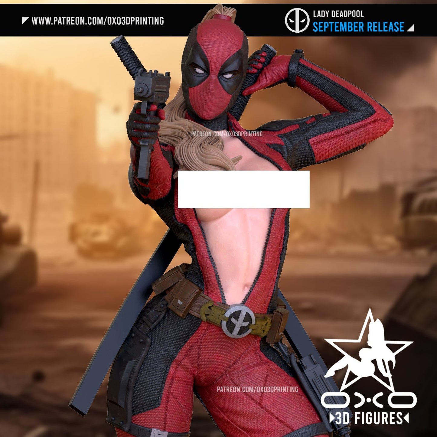Lady Deadpool with a partially unzipped costume, aiming a gun with a playful pose, katanas strapped on her back.