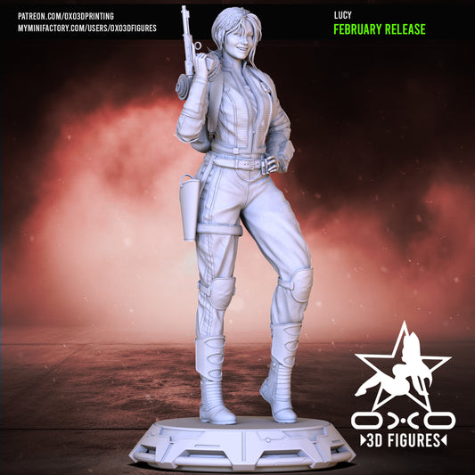 A grayscale render of Lucy standing in a confident pose, holding her weapon over her shoulder while wearing the vault dweller gear.