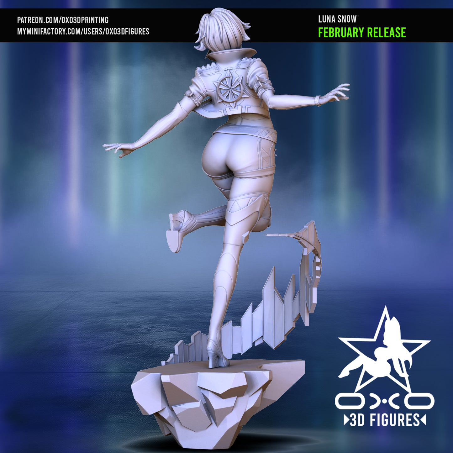 Grayscale model of Luna Snow from the back, highlighting the intricate design of her jacket, energy effects, and dynamic stance.