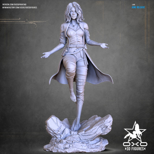 SFW version of Lune posed on one leg with fully zipped coat, standing on detailed rocky terrain base