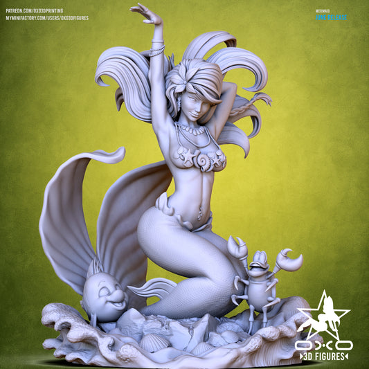 SFW grayscale version of full diorama featuring shell top, long fins, and playful sea creatures, posed in a graceful, curved stance.