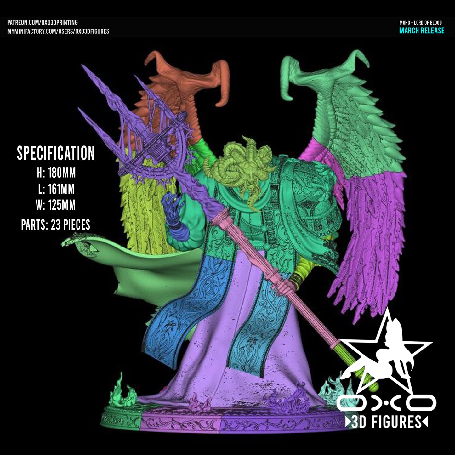 Lord of Blood figurine in an exploded view, showing detailed parts and dimensions, including wings, trident, and armor.