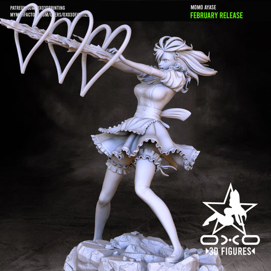 A grayscale render of Momo Ayase in an action pose, holding out her energy-infused attack with her ruffled maid outfit flowing.