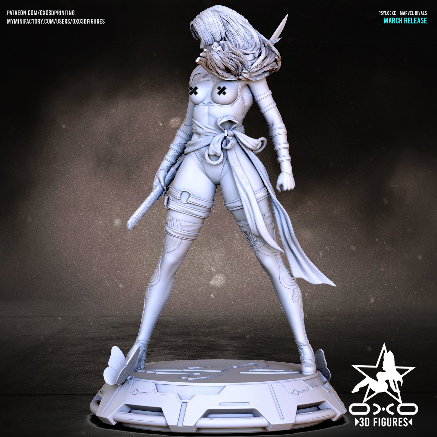 NSFW variant of Psylocke figurine from a low angle, hair blowing across face, katana held downward, revealing alternate costume design with butterfly base.