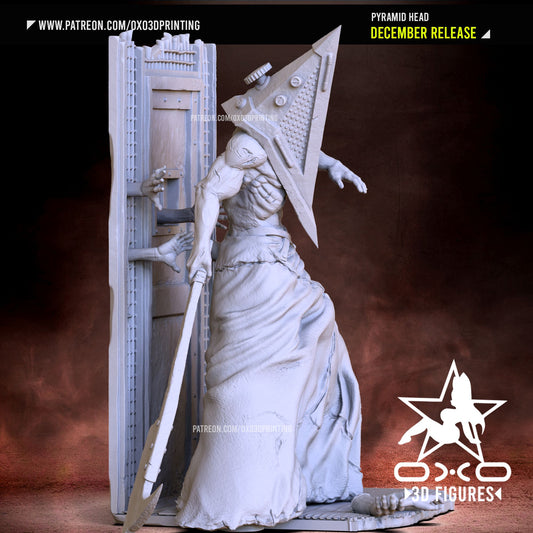 Full view of the Pyramid Head figure, standing before a door with reaching hands, dragging a massive blade.