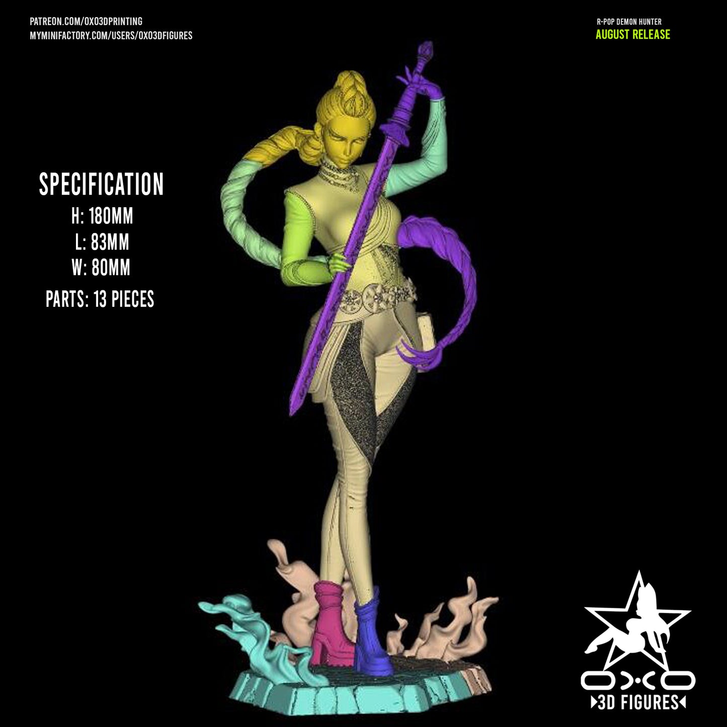 Rumi K-Pop Demon Hunter 3D render breakdown with highlighted parts and specifications.