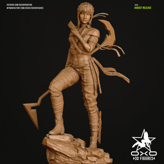 Sciel Expedition 33 figurine front view with one leg raised on rocky base, holding curved bladed weapon and playing card, wearing jacket, pants, and boots – Dungeons & Dragons miniature.