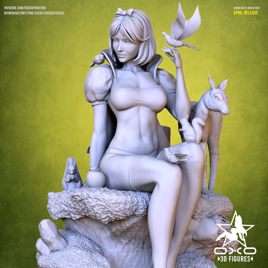 Snow White 1:10 scale figure seated on a forest throne, wearing a short dress with birds, a deer, and squirrels around her, posed gracefully with a bird resting on her hand.