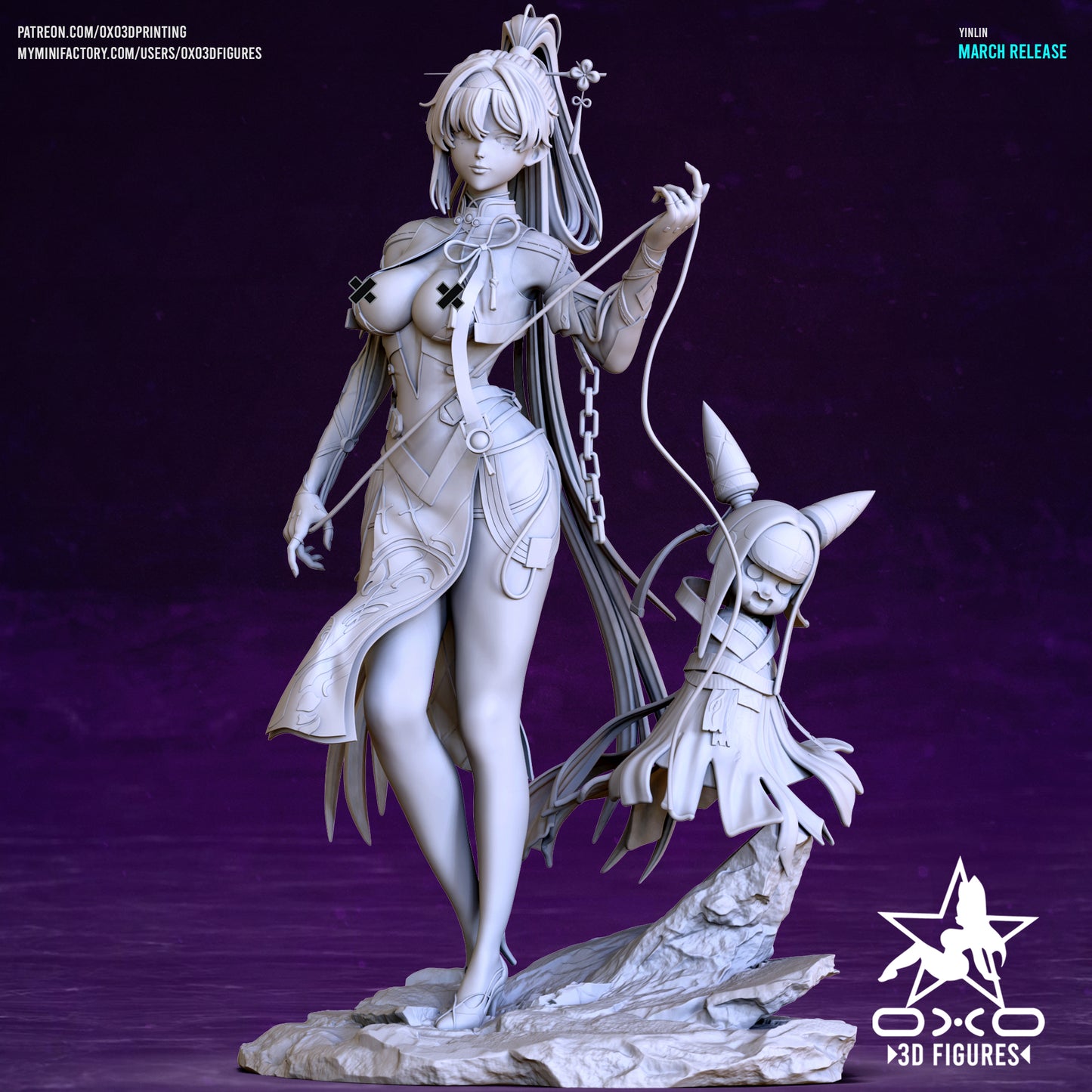 Yinlin in an unpainted render, standing confidently with one hand holding a chain to her eerie doll companion, standing on a rocky base.