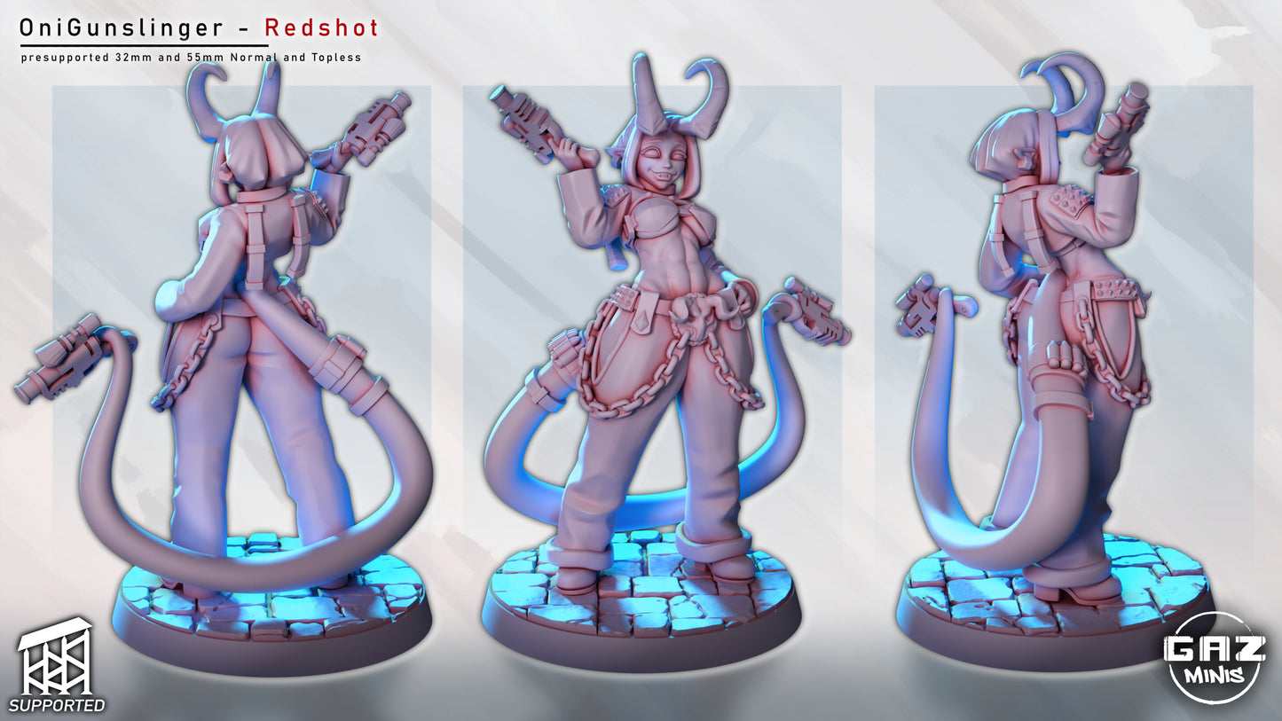 Rotating preview of Oni Gunslinger Redshot in SFW version, displayed from rear, front, and side angles with dynamic lighting.