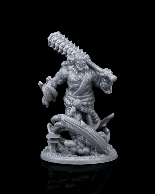 Unpainted Oni Zukaikotu Wa miniature highlighting sculpted muscles, ropes, and detailed base featuring energy arcs and stone lantern.