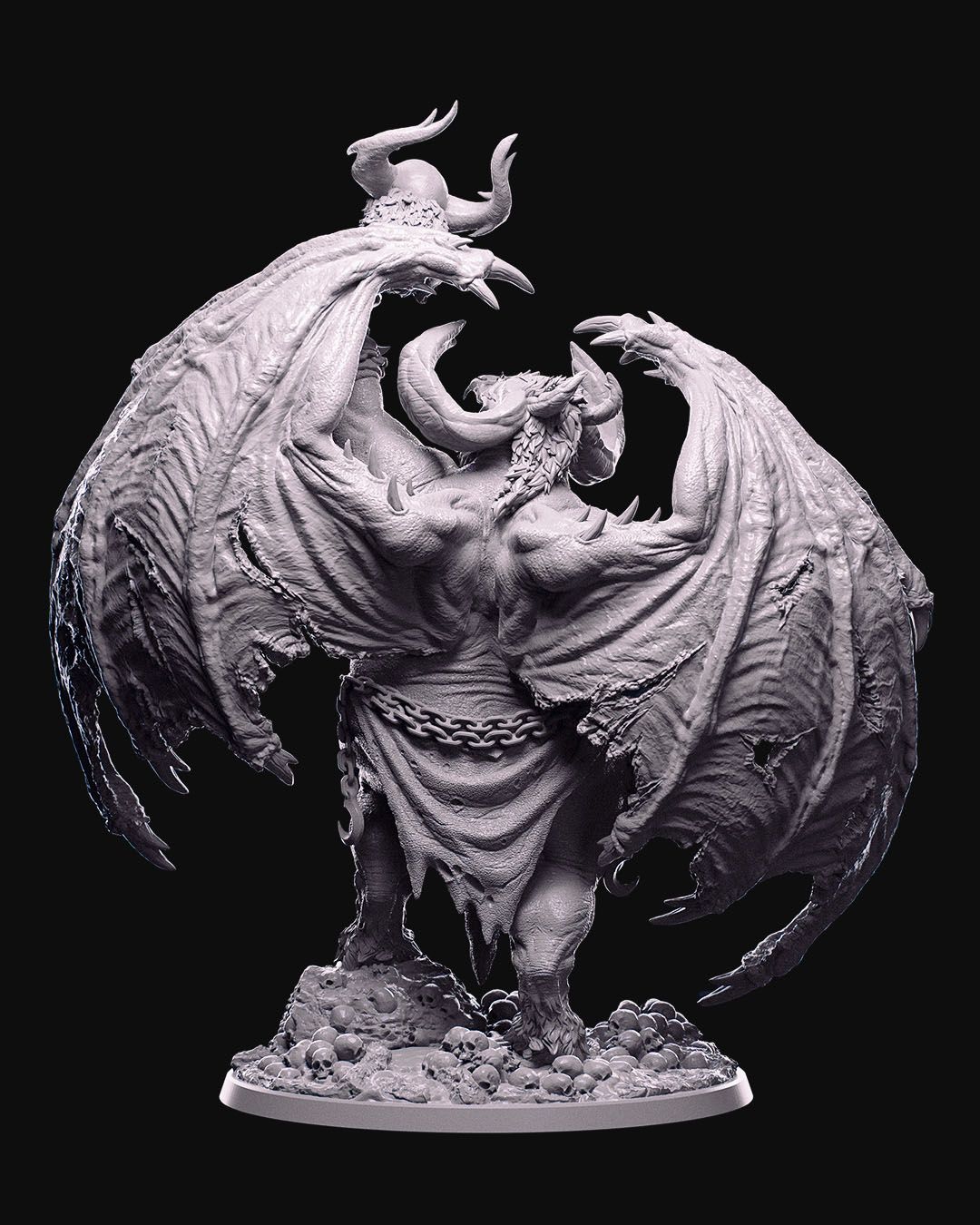 Rear view of Orcus, Lord of Bones 3D miniature, displaying his expansive wings, muscular back, and chain-adorned attire. The base features a pile of skulls, enhancing the demonic theme.
