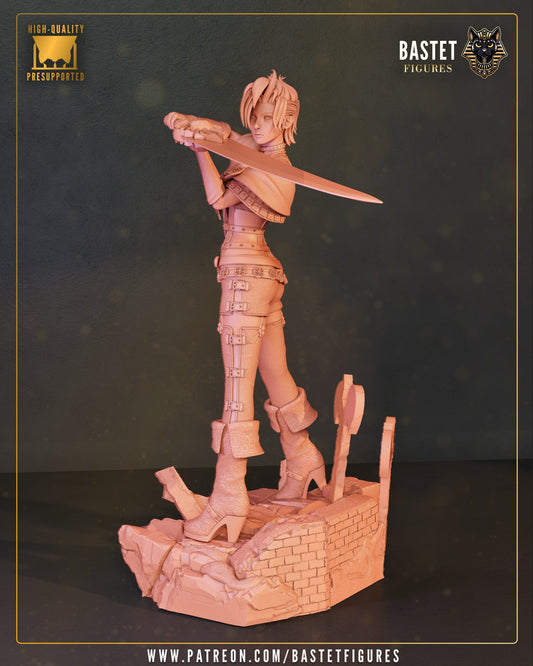 Paine Final Fantasy X 1:8 scale figure front view holding oversized sword in guarded stance on ruined stone base