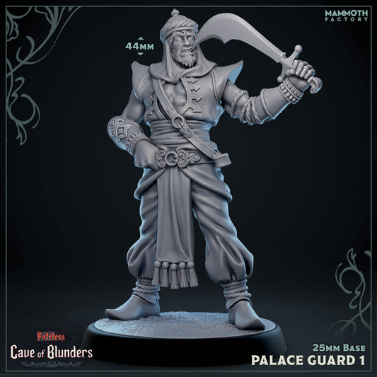 Palace Guard 1: A palace guard stands confidently, gripping a curved scimitar high. His ornate armor and turbaned headpiece mark him as a seasoned warrior.