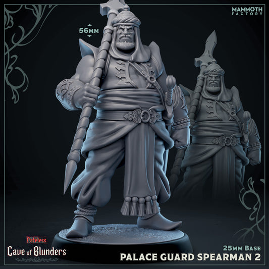 Palace Guard Spearman 2: A heavily built palace guard grips a long spear, his decorated robes and commanding presence marking him as a seasoned warrior. His hooded headpiece adds a sense of regality.