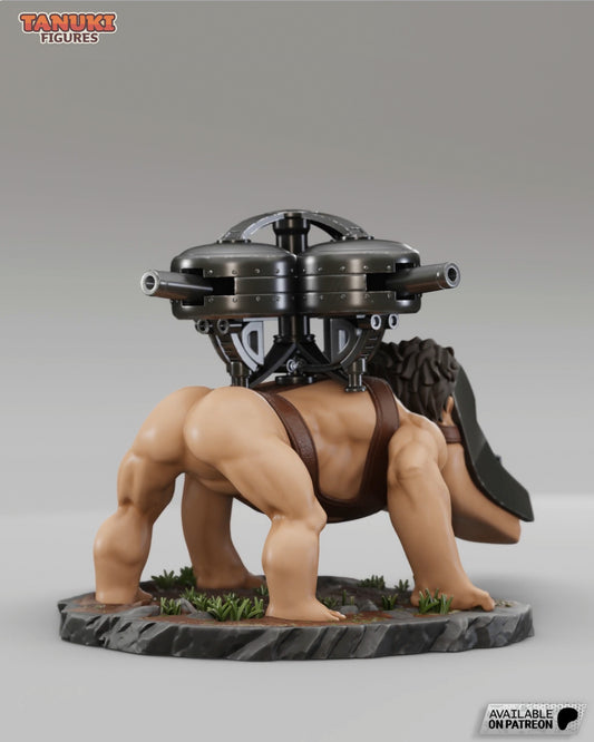 A back view of the Cart Titan figure, showcasing the intricate mechanical artillery and harness system attached to its muscular Titan form.