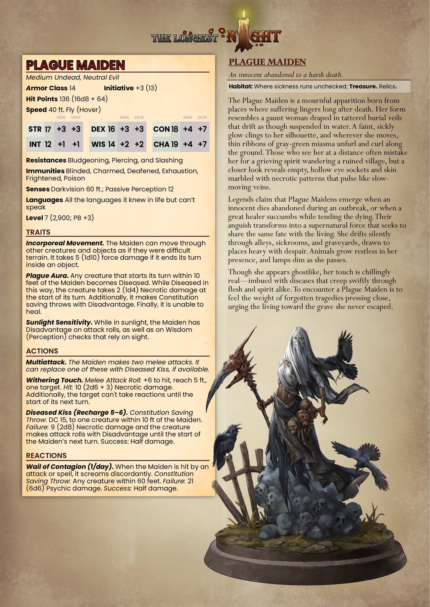 Plague Maiden miniature standing pose holding ritual scythe with skull-covered base and tattered burial robes