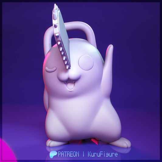 Unpainted Pochita Chainsaw Man figure showing sculpted body, chainsaw blade, handle, and facial details clay render