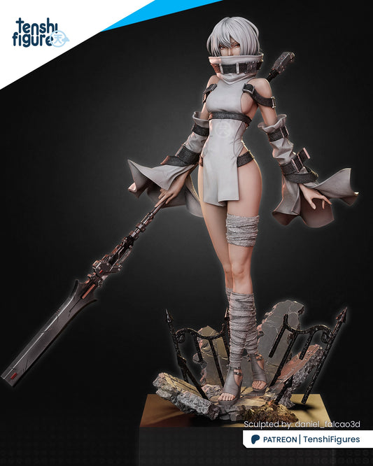 Full-figure front of Noelle from Nier Reincarnation with large sword resting on back, high collar, strapped sleeves, and stone base