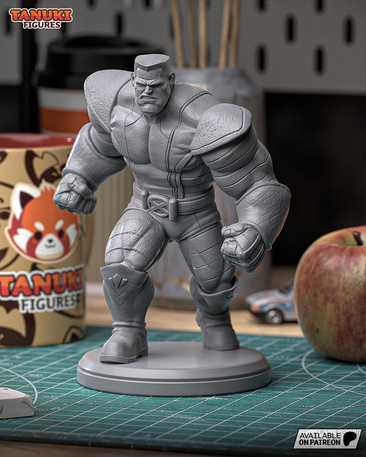 Toon Colossus figure in a forward-charging pose with oversized fists and detailed armor, displayed unpainted on a round base.