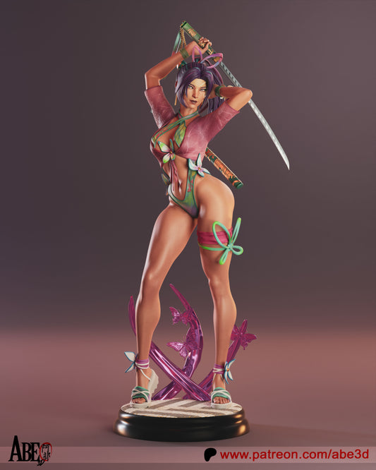 Full front view of Psylocke Breeze Butterfly Skin 1:4 scale collectible figure from Marvel Rivals, posed with katanas raised, wearing a revealing floral bodysuit with butterfly accessories.