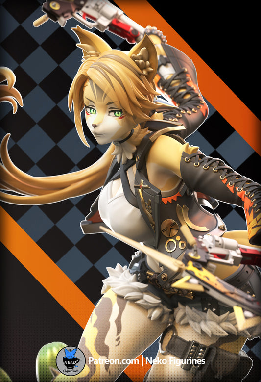 Close-up colored render of Pulchra with a serious expression, gripping weapons, long flowing hair, and tactical attire.