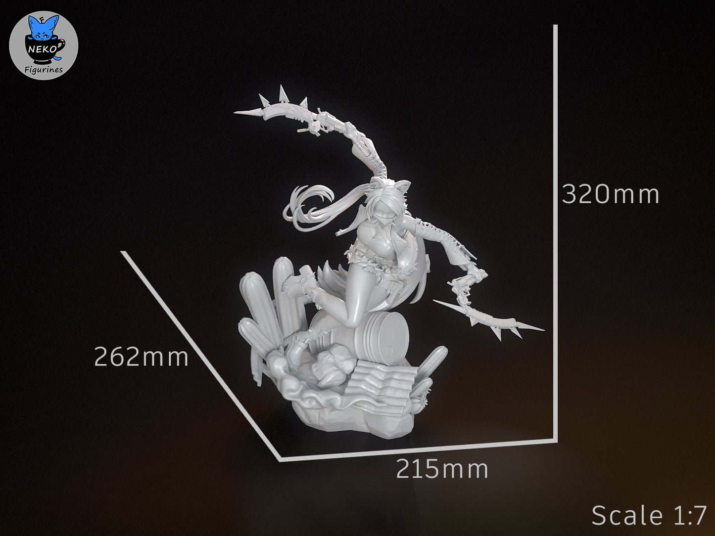 Unpainted Pulchra 1:7 scale figure with height of 320mm, width 262mm, and depth 215mm, posed leaping from a barrel-stacked base.
