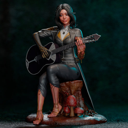 Painted version of Lune from front, playing guitar with glowing tattoos, cloak and mushrooms below