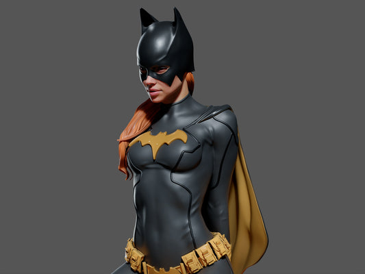 Batgirl figurine, showing flowing red hair and cape draped over her shoulders.