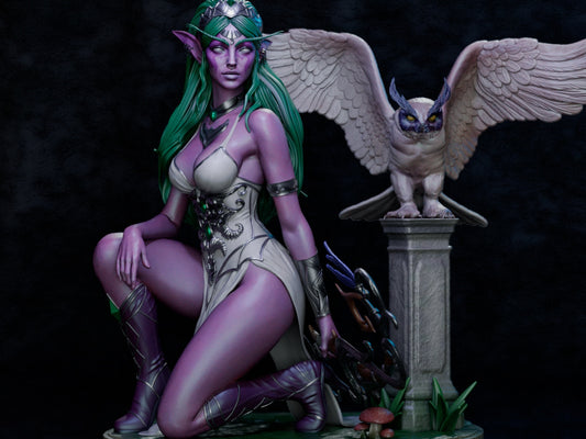 tyrande front pose bow drawn one leg up mossy root base elven armor long hair
