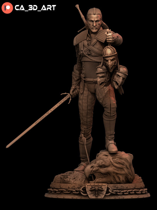 Full figure of Geralt of Rivia in 1:6 and 1:9 scale, standing on a base with chain and shield designs.