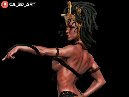 Detailed side view of Medusa figurine highlighting her outstretched arm, ornate headpiece, and snake-adorned body.