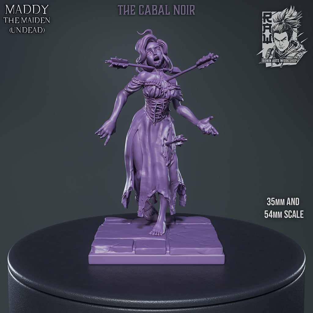 Maiden Maddy undead villager miniature pierced with arrows, torn dress and exposed wounds, screaming zombie NPC pose for fantasy horror encounters