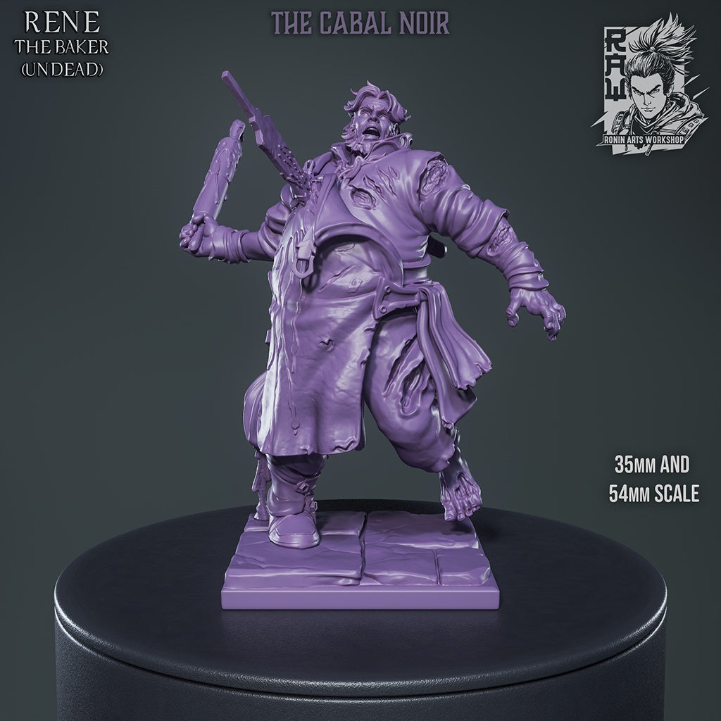 Rene the Baker undead villager miniature with torn clothing and exposed wounds, former baker turned zombie holding a cleaver, aggressive undead NPC pose for fantasy horror scenes