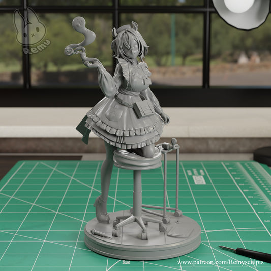 Nightmare Nimi unpainted 1:7 scale collectible figure front view showing nurse maid pose medical prop and stool base