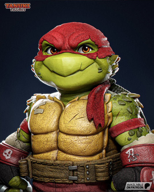 Close-up of Raphael’s face with smirk and intense expression, highlighting red mask, chest armor, and shoulder scales.