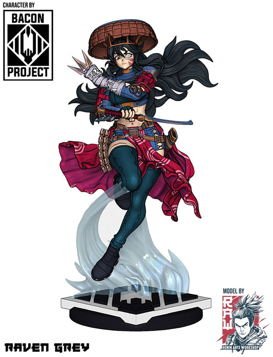 Colored render of Raven Grey, wielding a katana and clawed gauntlet, with a red and blue outfit and a woven hat.
