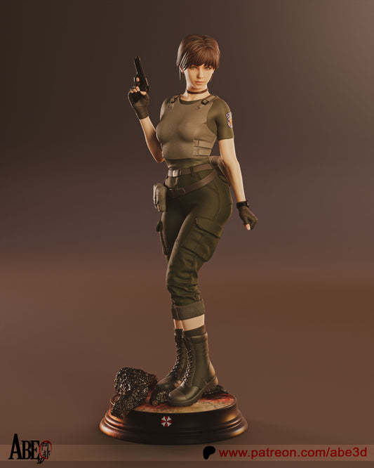 Rebecca Chambers 1:4 scale collectible figure rear view holding a handgun, wearing tactical medic gear with rescue vest, utility pouches, gloves, cargo pants, and boots, standing on a contaminated display base inspired by Resident Evil.